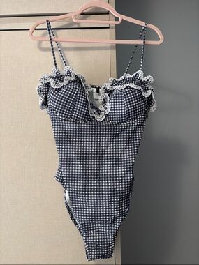 J. Crew Navy & White Gingham Ruffle One-Piece size 10